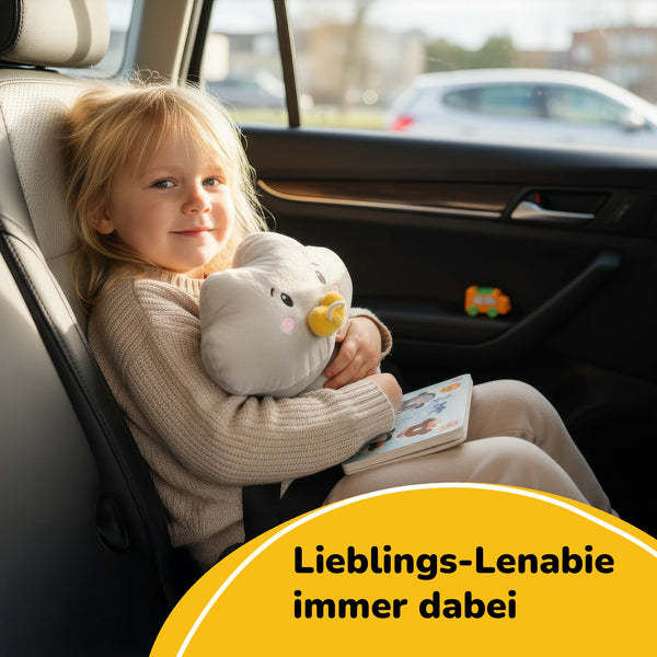 Lenabo Starter Kit mit Lenabie Lina (Wolke) und Smart Speaker – Lieblings-Lenabie immer dabei. Dank herausnehmbarem Smart Speaker mit ca. 60 Minuten Spielzeit genießen Kinder auch unterwegs weißes Rauschen, Einschlaf-Melodien, Hörspiele und Geschichten – perfekt für entspannte Autofahrten.